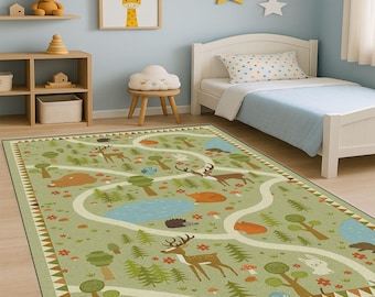 May include: A rectangular rug with a forest design. The rug has a light green base with a road, trees, and animals. The design includes a pond and a border with a geometric pattern. The rug is suitable for a child's room.