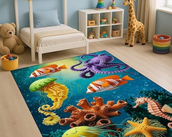 Ocean Animals Kids Rug: Colorful Sea World Nursery Decor