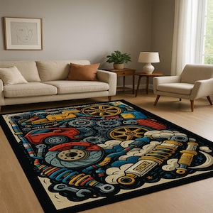 May include: A rectangular rug with a black border, featuring a vibrant illustration of car components. The design incorporates gears, wheels, a red car, and suspension parts in yellow, blue, and red hues.