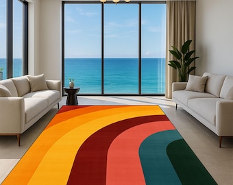 Retro Rainbow Arches Rug: 70s Style Boho Area Carpet