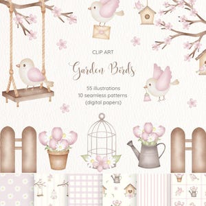 Pode incluir: Clip art em aquarela intitulada "Garden Birds" com ilustrações de pássaros, casas de pássaros, balanços, flores e padrões. A paleta de cores inclui rosas suaves, marrons e verdes. A imagem inclui o texto "55 ilustrações, 10 padrões sem costura (papéis digitais)".