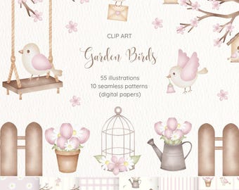 Imágenes prediseñadas de pájaros de jardín en rosa - Imágenes prediseñadas en acuarela, pájaros en acuarela, acuarela suave, arte de pájaros caprichoso, ramas florales, casas para pájaros