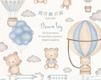 Clipart de sueño grande azul, oso de peluche, clipart de acuarela, linda ilustración de osito, osito, decoración infantil, png, oso volador