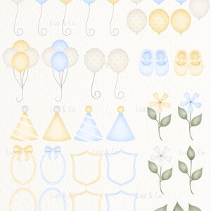 Puede incluir: Ilustraciones en acuarela de elementos de baby shower en amarillo pastel y azul. Incluye globos, zapatos de beb&eacute;, gorros de fiesta, elementos florales, lazos y marcos decorativos. El texto "Luz & Co" es visible.