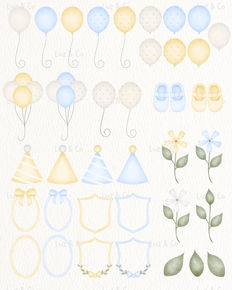 Puede incluir: Ilustraciones en acuarela de elementos de baby shower en amarillo pastel y azul. Incluye globos, zapatos de beb&eacute;, gorros de fiesta, elementos florales, lazos y marcos decorativos. El texto "Luz & Co" es visible.