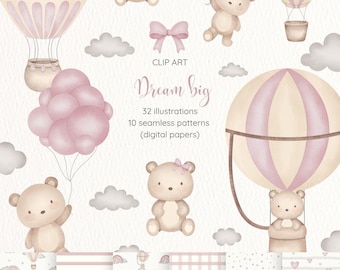 Clipart rosa de ensueño, oso de peluche, clipart de acuarela, linda ilustración de osito, osito, decoración infantil, png, oso volador