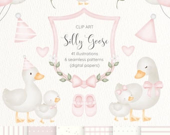 Imágenes prediseñadas de ganso tonto rosa - Ganso adorable, estilo campestre vintage primaveral, fiesta de cumpleaños con globos, ganso caprichoso, arte digital de ganso