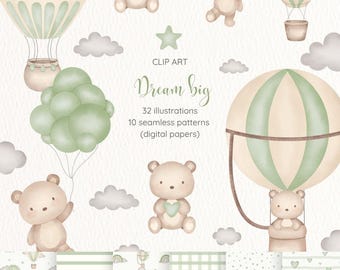 Clipart de sueño grande verde, oso de peluche, clipart de acuarela, linda ilustración de osito, osito, decoración infantil, png, oso volador