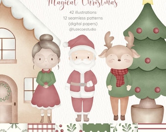 Imágenes prediseñadas navideñas mágicas, Papá Noel, personajes navideños, imágenes prediseñadas de acuarela, decoración infantil, png, imágenes prediseñadas navideñas, árbol de Navidad