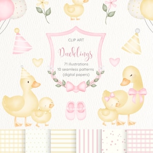 Puede incluir: Conjunto de im&aacute;genes predise&ntilde;adas de acuarela con patitos amarillos, globos, gorros de fiesta y patrones sin costuras. El texto dice "Ducklings" con detalles sobre ilustraciones y papeles digitales. Combinaci&oacute;n de colores rosa y amarillo.