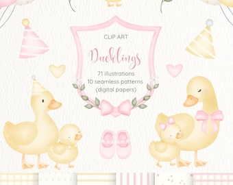 Imágenes prediseñadas de patitos rosas - Arte de patos caprichosos, diseños de patitos, conjunto de imágenes prediseñadas de animales, patito bebé, pato lindo, patitos en acuarela, arte digital