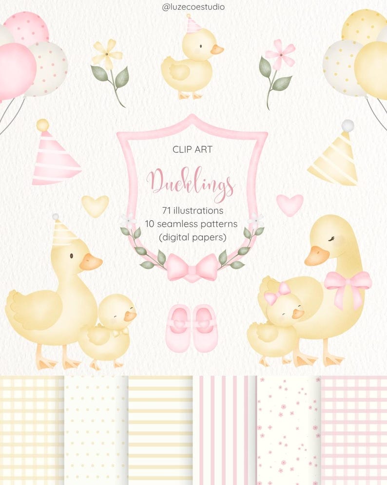 Puede incluir: Conjunto de im&aacute;genes predise&ntilde;adas de acuarela con patitos amarillos, globos, gorros de fiesta y patrones sin costuras. El texto dice "Ducklings" con detalles sobre ilustraciones y papeles digitales. Combinaci&oacute;n de colores rosa y amarillo.