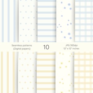 Puede incluir: Una colecci&oacute;n de diez patrones digitales sin costuras en colores pastel suaves. Los dise&ntilde;os incluyen rayas, lunares, flores y cuadros. La imagen incluye el texto "Seamless patterns (Digital papers)", "10", "JPG 300dpi" y "12" x 12" pulgadas (aproximadamente 30 x 30 cm).
