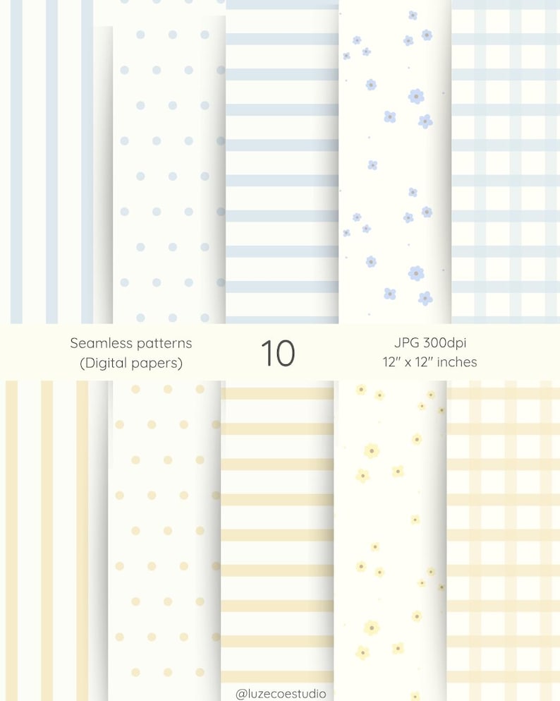 Puede incluir: Una colecci&oacute;n de diez patrones digitales sin costuras en colores pastel suaves. Los dise&ntilde;os incluyen rayas, lunares, flores y cuadros. La imagen incluye el texto "Seamless patterns (Digital papers)", "10", "JPG 300dpi" y "12" x 12" pulgadas (aproximadamente 30 x 30 cm).