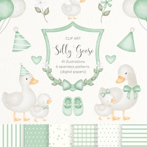Pode incluir: Conjunto de clip art em aquarela com gansos brancos com chapéus de festa e laços, balões e padrões sem costura em tons de verde. O texto diz "Silly Goose" com detalhes sobre as ilustrações e papéis digitais.