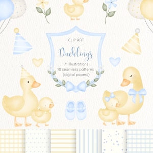 Pode incluir: Conjunto de clip art em aquarela com patinhos amarelos, chapéus de festa, balões e elementos florais. O texto diz "Ducklings" com detalhes sobre ilustrações e padrões perfeitos. Cores pastel suaves criam um design infantil e fantasioso.
