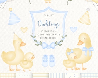 Patitos azules en imágenes prediseñadas - Arte de patos caprichoso, diseños de patitos, conjunto de imágenes prediseñadas de animales, patito bebé, pato tierno, patitos en acuarela, arte digital