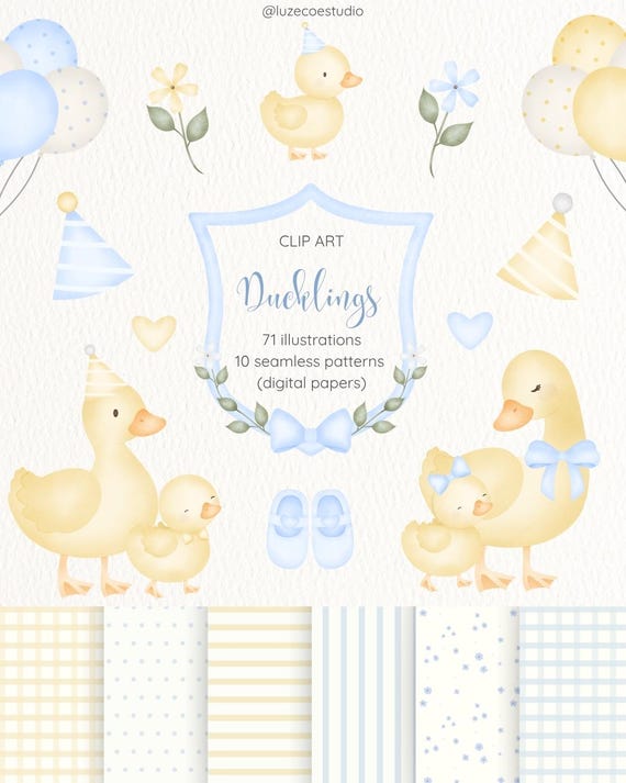 Ducklings Blue Clipart - Whimsical Duck Art, Duckling Designs, Animal Clipart Set, Baby Duck, Cute Duck, Watercolor Ducklings, Digital Art