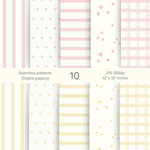 Puede incluir: Diez patrones de papel digital sin costuras en colores pastel suaves. Los dise&ntilde;os incluyen rayas, lunares, flores y cuadros. Los papeles miden 30,48 x 30,48 cm y 300 ppp. El texto dice "Seamless patterns (Digital papers)" y "10".