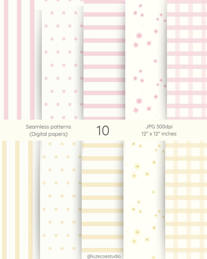 Puede incluir: Diez patrones de papel digital sin costuras en colores pastel suaves. Los dise&ntilde;os incluyen rayas, lunares, flores y cuadros. Los papeles miden 30,48 x 30,48 cm y 300 ppp. El texto dice "Seamless patterns (Digital papers)" y "10".