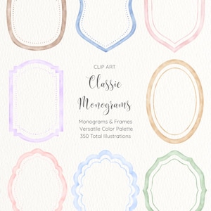 Pode incluir: Uma coleção de oito molduras decorativas de várias formas e cores pastel em aguarela, incluindo castanho, azul, rosa, roxo e verde. O texto diz: @luzecoestudio CLIP ART Classic Monograms Monograms & Frames Versatile Color Palette 350 Total Illustrations.