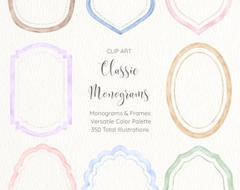 Imágenes prediseñadas de marcos de monogramas en acuarela, escudo en acuarela PNG, paquete de monogramas clásicos