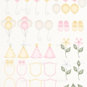 Puede incluir: Ilustraciones en acuarela de decoraciones de fiesta y art&iacute;culos para beb&eacute;s. La imagen incluye globos en blanco, rosa y amarillo, zapatos de beb&eacute;, gorros de fiesta, elementos florales y marcos decorativos. El tema es un baby shower o cumplea&ntilde;os.