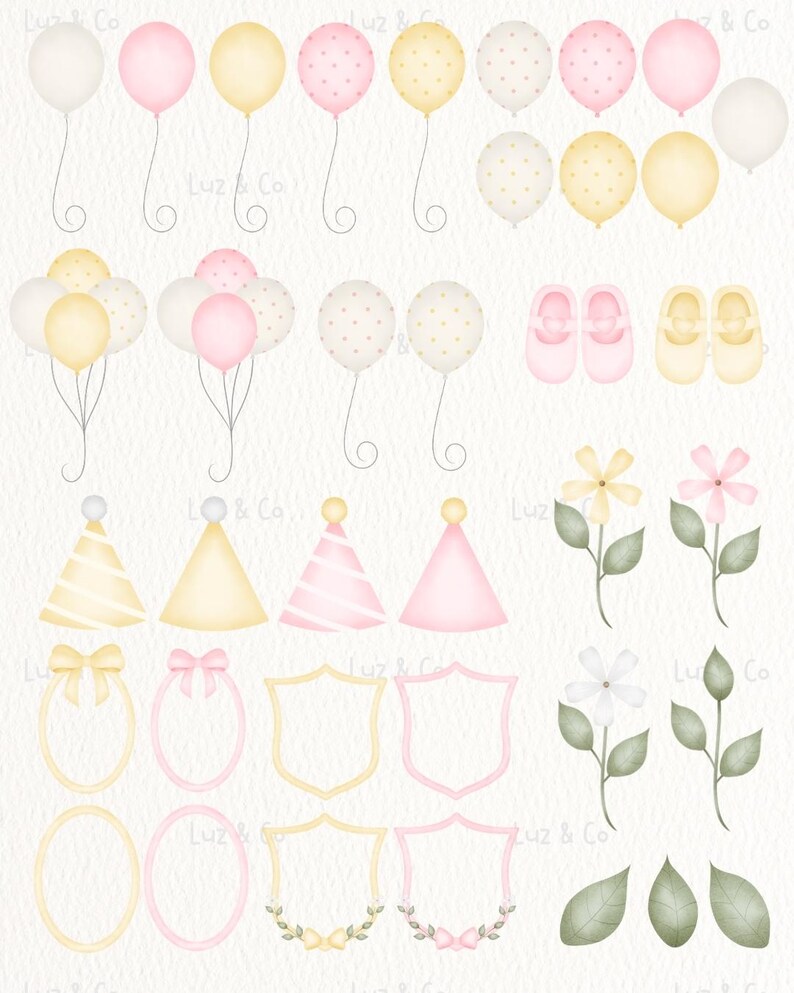 Puede incluir: Ilustraciones en acuarela de decoraciones de fiesta y art&iacute;culos para beb&eacute;s. La imagen incluye globos en blanco, rosa y amarillo, zapatos de beb&eacute;, gorros de fiesta, elementos florales y marcos decorativos. El tema es un baby shower o cumplea&ntilde;os.