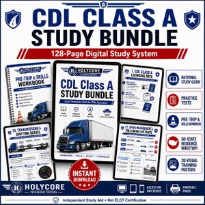 Op de afbeelding: Een CDL Class A studiebundel met een digitaal studiesysteem van 128 pagina's. De materialen bevatten een werkboek voor pre-trip en vaardigheden, een licentiegids, basisprincipes van transmissie en grafieken voor snelheidsbeheer, voorzien van het Holycore-logo.