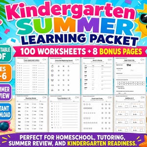 Kindergarten Summer Learning Packet, 100 Math Literacy Worksheets (PDF)