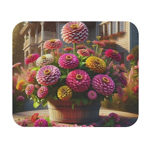 Mouse Pad (Rectangle) Colorful Zinnias in a Wooden Pot Design 2