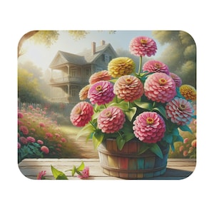 Mouse Pad (Rectangle) Colorful Zinnias in a Wooden Pot Design 4
