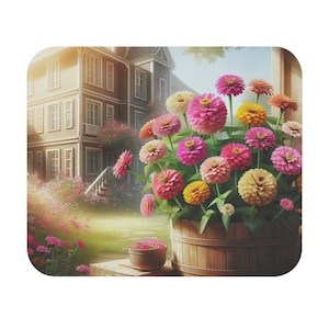 Mouse Pad (Rectangle) Colorful Zinnias in a Wooden Pot Design 3