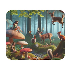 Mouse Pad (Rectangle) Fairies in a Lush Forest with Wildlife Design 7