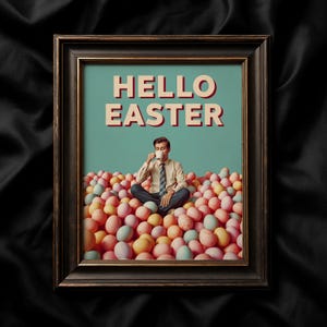 May include: Framed art print with the words "HELLO EASTER" in red and white. The image shows a person seated in a pile of pastel-coloured Easter eggs, drinking from a mug. The frame is dark brown.