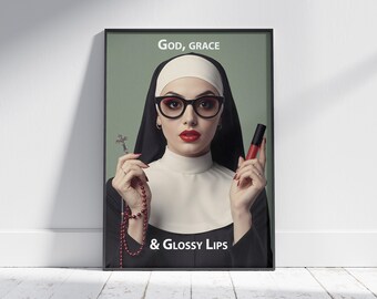 Easter decor print, glam nun art, modern Catholic poster, veiled woman portrait, red lips wall decor