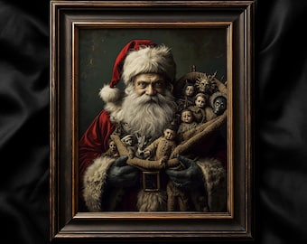 May include: A framed portrait depicting Santa Claus in a red hat and coat with white fur trim. He holds a woven basket filled with dolls and figures. The image has a vintage, slightly unsettling aesthetic.