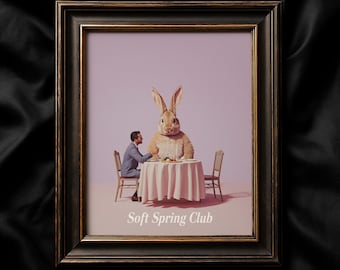 Easter Printable, Surreal Bunny Poster, Pink Spring Wall Art, Anthropomorphic Rabbit Print, Whimsical Dining Room Decor