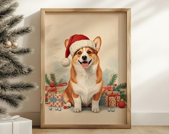 May include: A framed print featuring a cheerful corgi wearing a Santa hat. The corgi is surrounded by wrapped gifts, pine boughs, and red ornaments. The artwork has a vintage, painterly style, perfect for holiday decor.