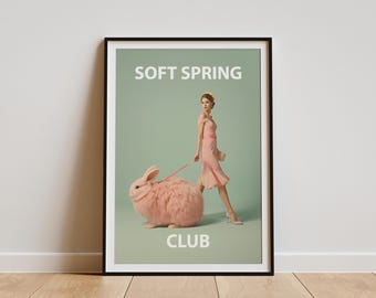 Easter Wall Print, Pink Bunny Fashion Art, Surreal Spring Poster, Coquette Room Decor, Instant Download
