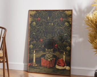 Gothic Christmas Cat Art Print, Macabre Holiday Decor (Digital Download)