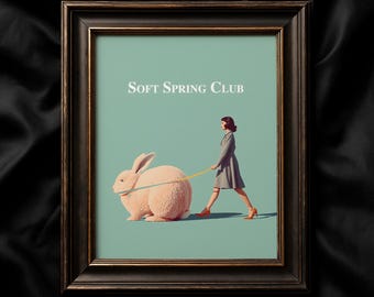Easter printable, bunny fashion poster, pastel spring wall art, retro rabbit print, surreal teal decor, digital download