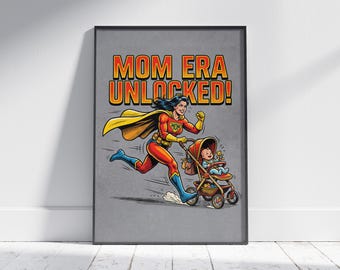 Mothers Day Printable Wall Art, Super Mom Poster, New Mom Gift, Baby Stroller Print, Comic Style Decor