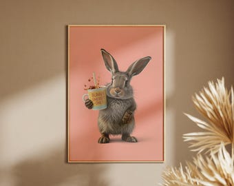 Easter Printable, Funny Bunny Wall Art, Cute Rabbit Coffee Poster, Spring Decor, Kids Room Art, Digital Download