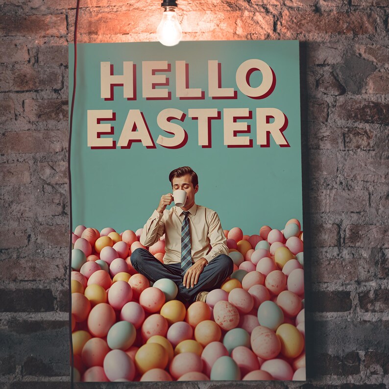 May include: A poster with the words "HELLO EASTER" in white and red lettering. A person is sitting in a pile of pastel-coloured Easter eggs, drinking from a white mug. The poster is hanging on a brick wall.