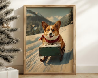 May include: A framed print featuring a happy corgi dog sledding down a snowy hill. The dog wears a red scarf and sits in a green sled. The background shows a winter landscape with mountains and trees.