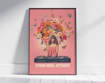Easter Printable, Floral DJ Wall Art, Butterfly Woman Poster, Pink Spring Decor, Retro Music Room Print