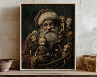 May include: Framed print showing Santa Claus with a long white beard and red hat, surrounded by unsettling dolls and figures. The artwork has a dark, gothic style, creating a unique and slightly unsettling image.