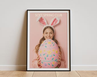 Easter Printable, Pink Egg Wall Decor, Bunny Ear Girl Poster, Spring Gallery Art, Soft Pastel Room Print