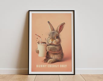 Funny Bunny Poster, Easter Printable, Cute Rabbit Wall Art, Spring Decor, Coffee Bunny Print, Kids Room Digital Download
